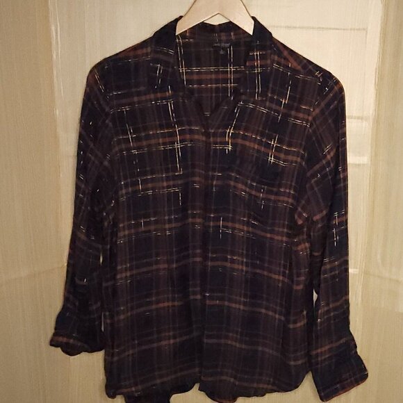 Lucky Brand Tops - Lucky Brand Black Orange Gold Metallic Detail Plaid Button Front Large